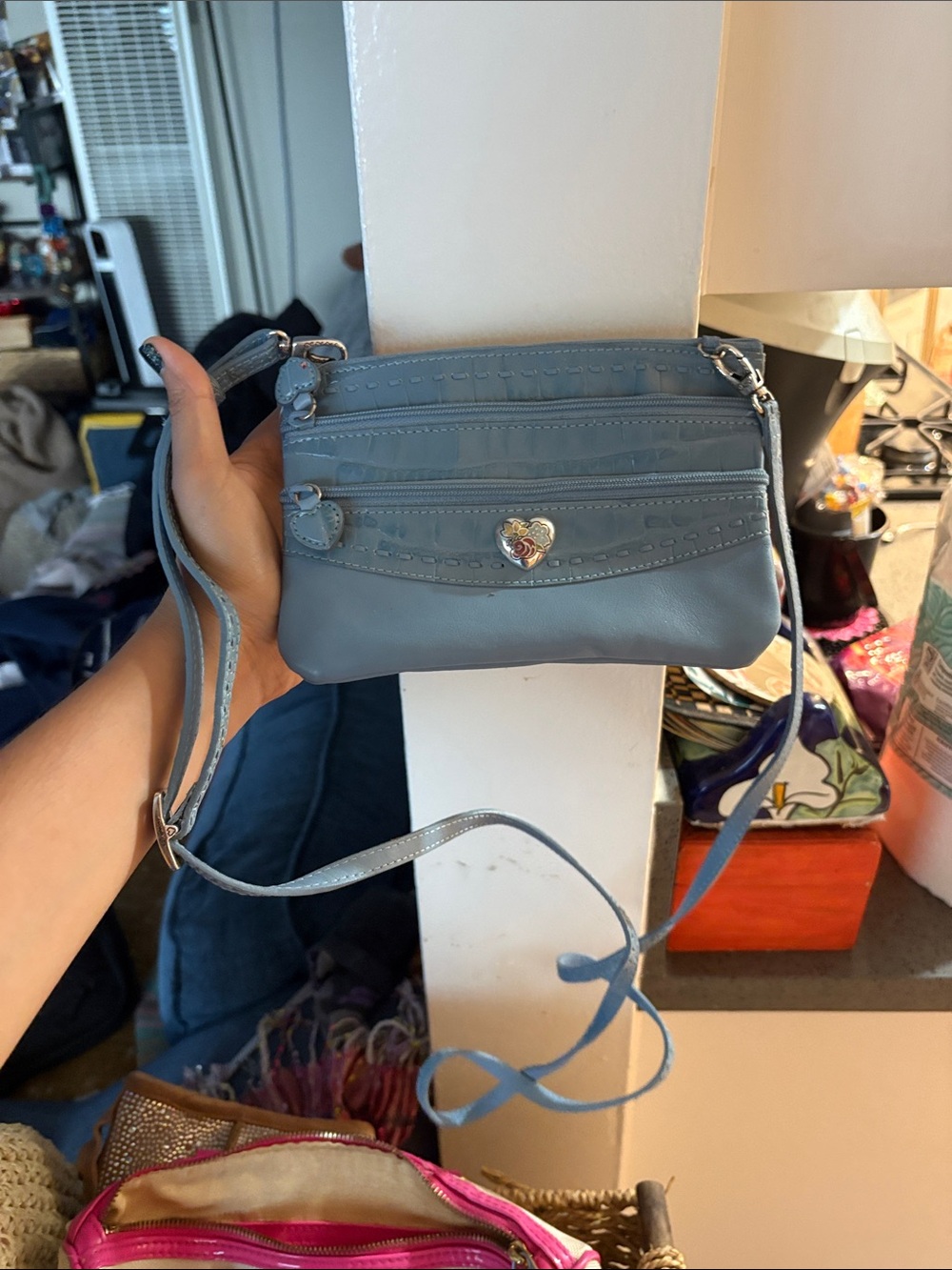 Light Blue Leather Crossbody Bag with Heart Accent